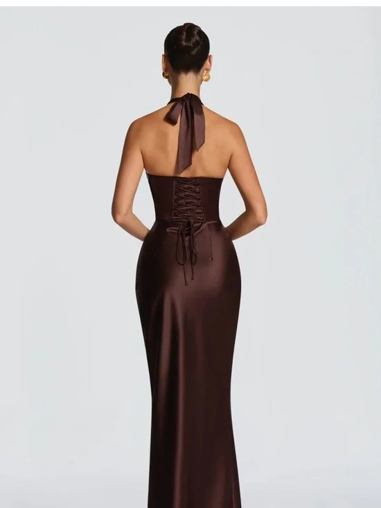 Halter Plunge Chocolate Brown Satin Maxi Dress with Corset - Picture 4 of 4